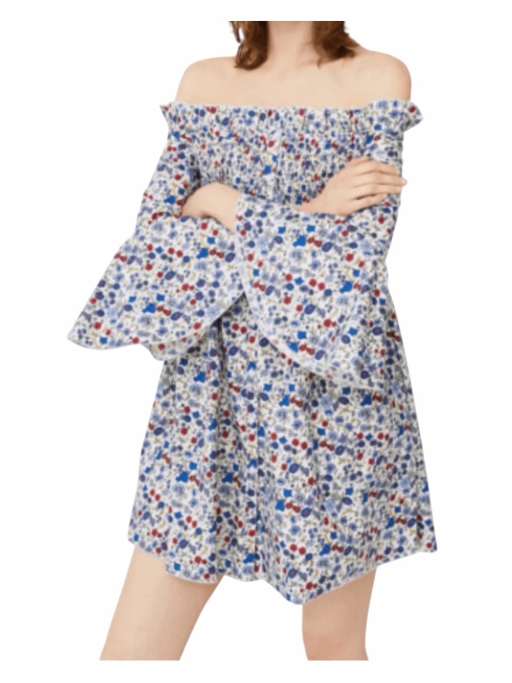 NWT! Mango Cotton Ditsy Floral off-the-Shoulder Bell Sleeve Dress. Size US 6.